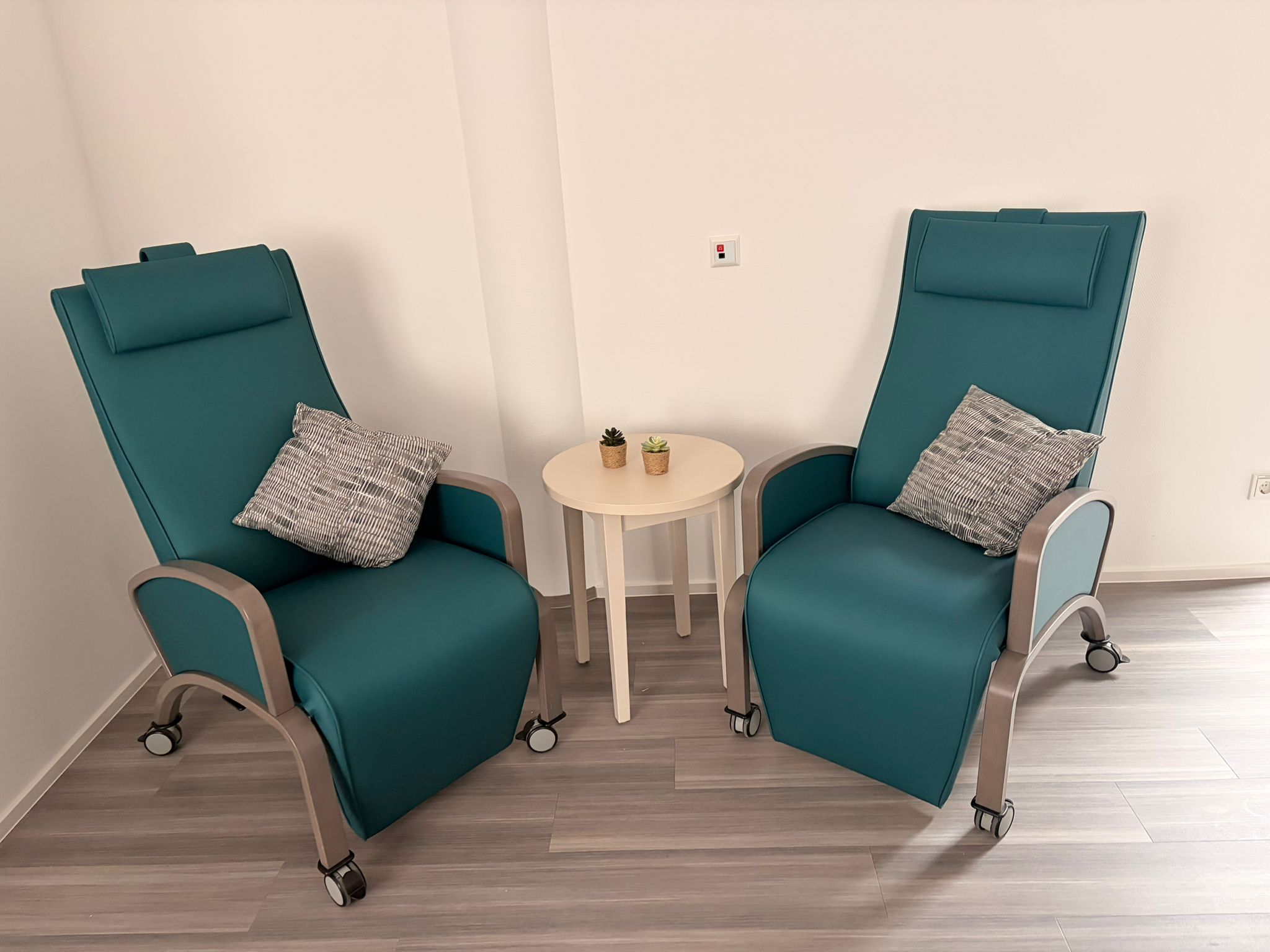 Zwei grünblaue Sessel mit Rollen und grauen Kissen stehen an einer weißen Wand um einen kleinen runden Holztisch mit zwei kleinen Pflanzen
